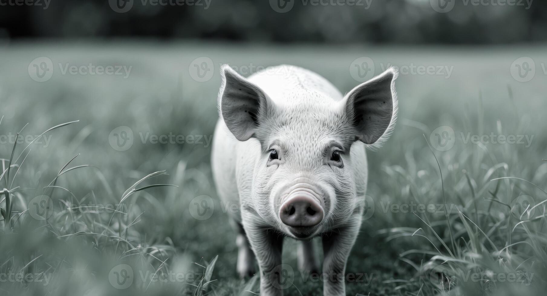 Pale pig standing in grassy field with ears perked up. photo