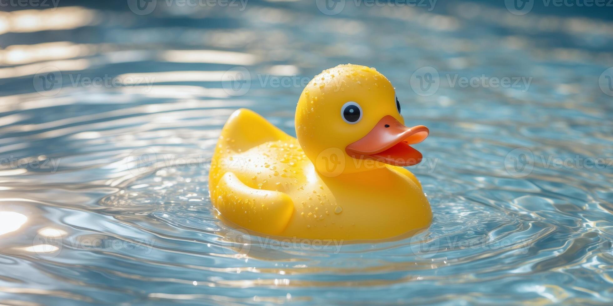 close up yellow rubber duck floating in pool water photo
