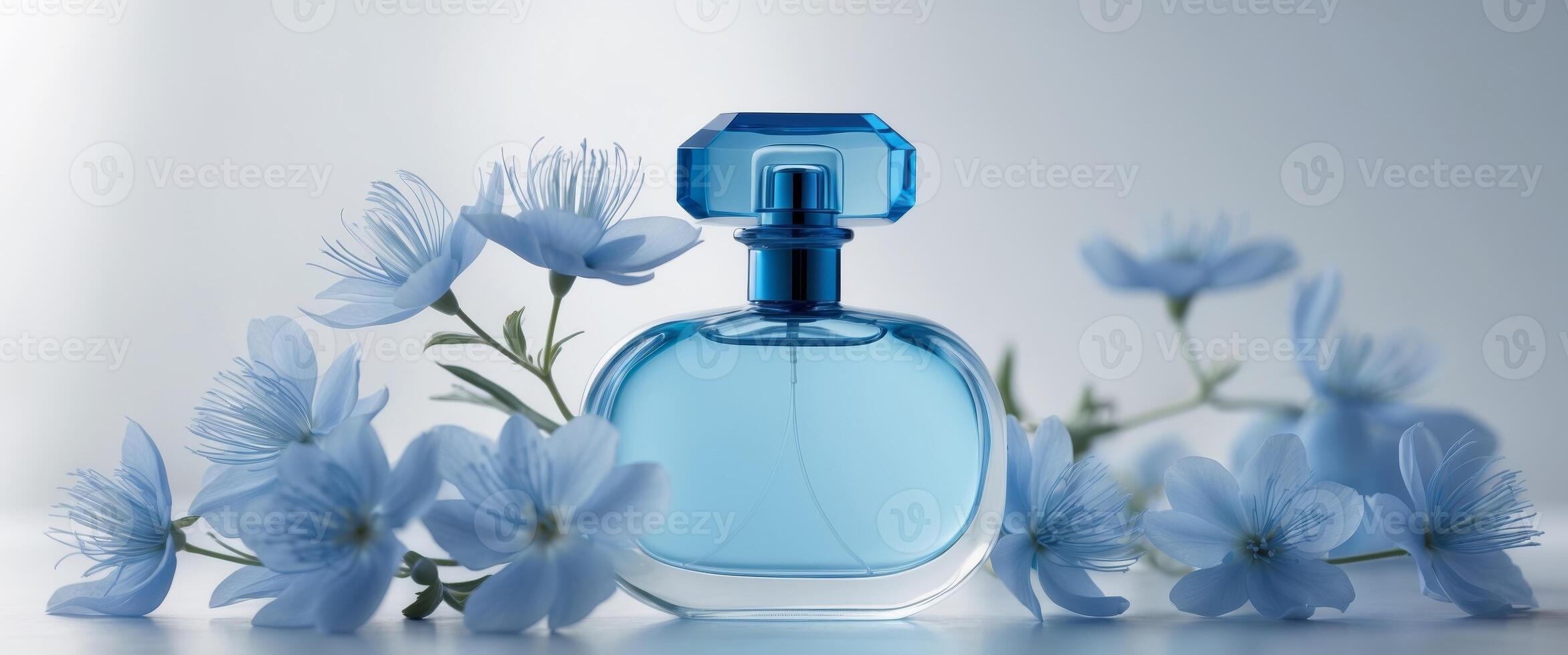 Elegant Blue Perfume Bottle Surrounded by Delicate Blue Flowers photo