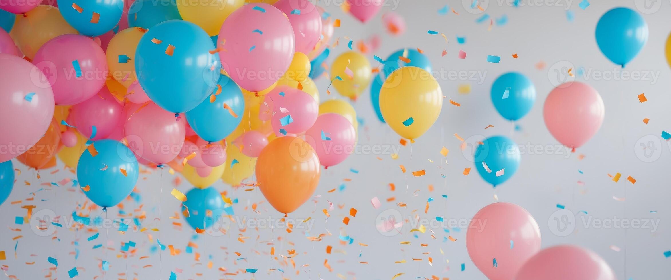 Colorful balloons and confetti create a festive atmosphere for celebration events. photo