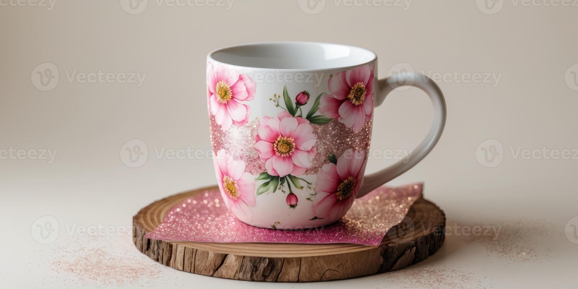 White mug on wooden coaster adorned with pink flowers and glittery fabric Ideal for logo and branding mockups gifts and design. photo