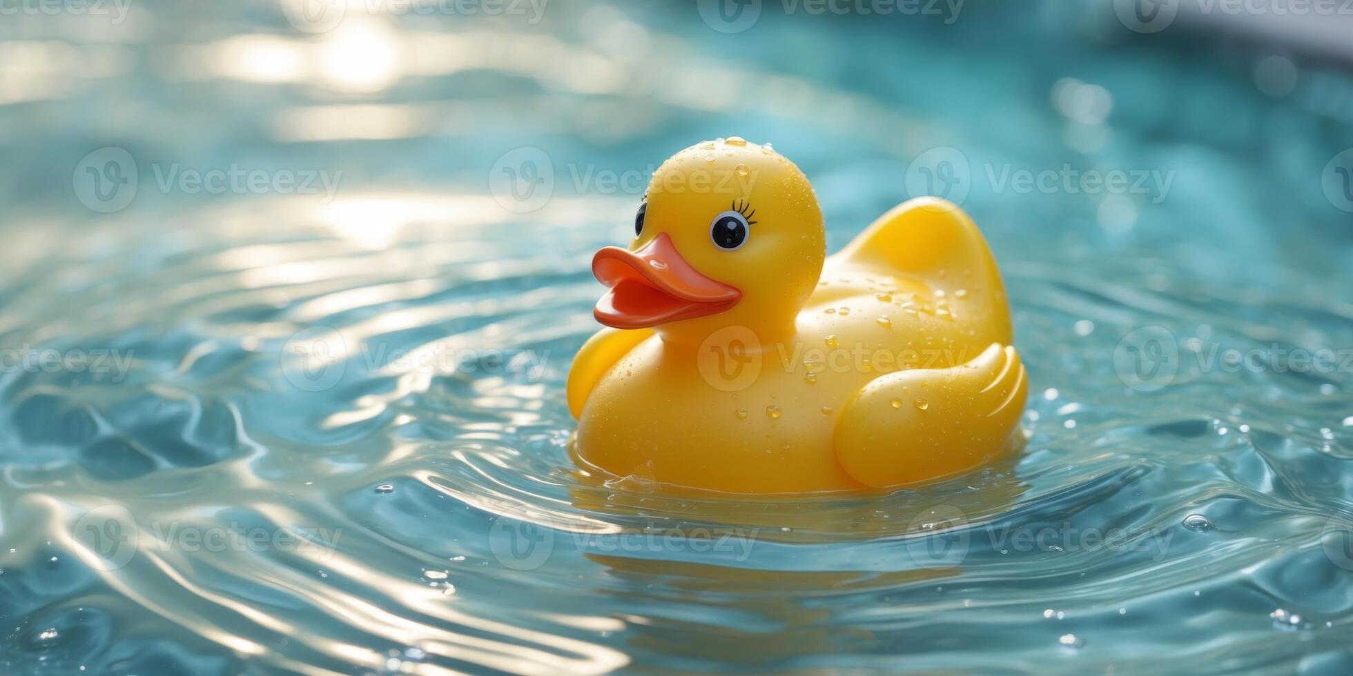 close up yellow rubber duck floating in pool water. photo