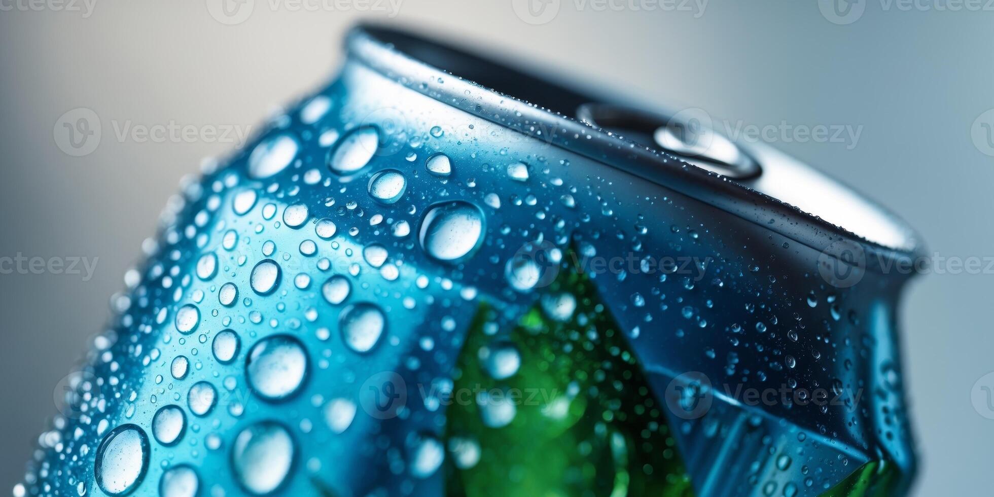 Close up of a refreshing beverage can with condensation photo