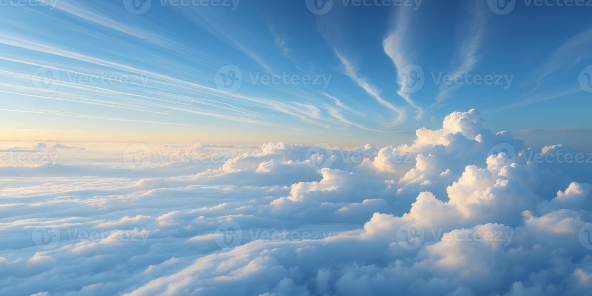 Serene Blue Sky with Wispy and Cumulus Clouds. photo