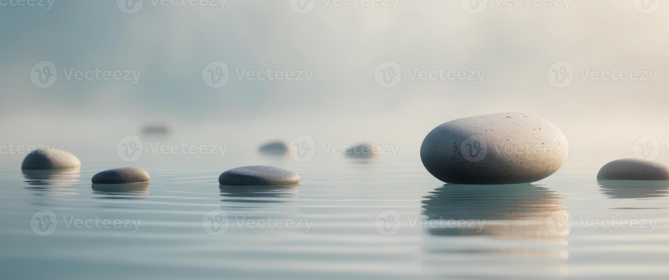 Smooth stones floating on calm water create a peaceful setting for meditation and reflection in naturalistic style photo