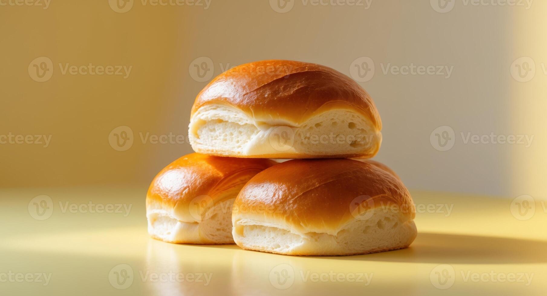 Soft brioche buns with a shiny golden crust displayed on a bright yellow background to showcase their fresh appearance. photo
