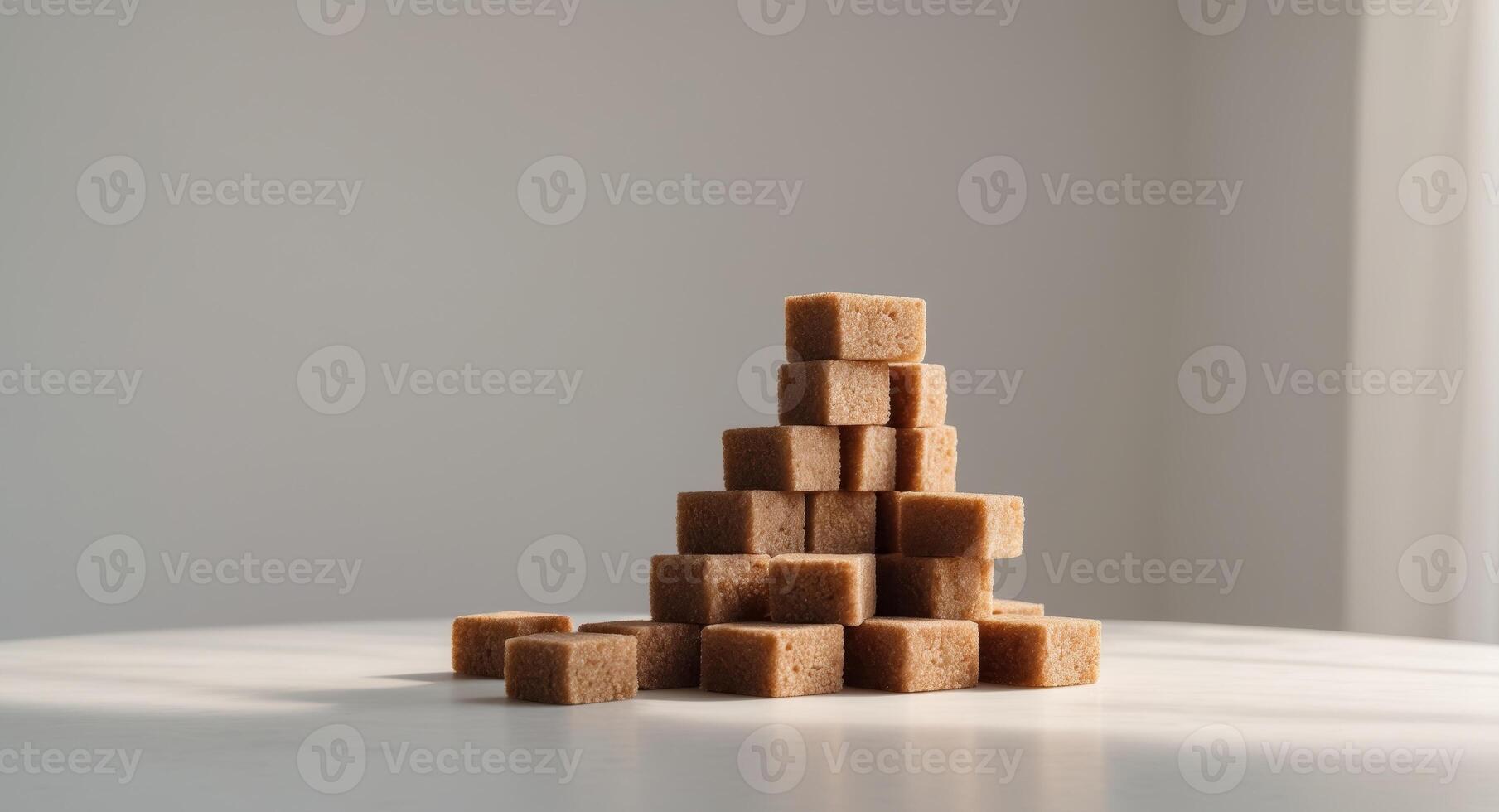 A collection of brown sugar neatly stacked on a white table photo
