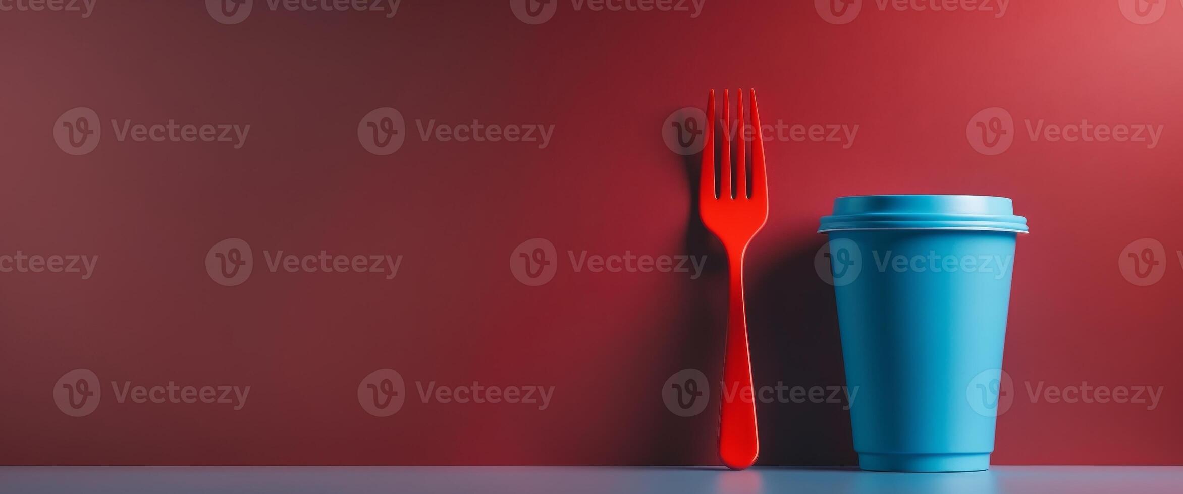 Vibrant Red Background Featuring a Blue Disposable Cup and Red Fork with Ample Copy Space for Text or Branding. photo