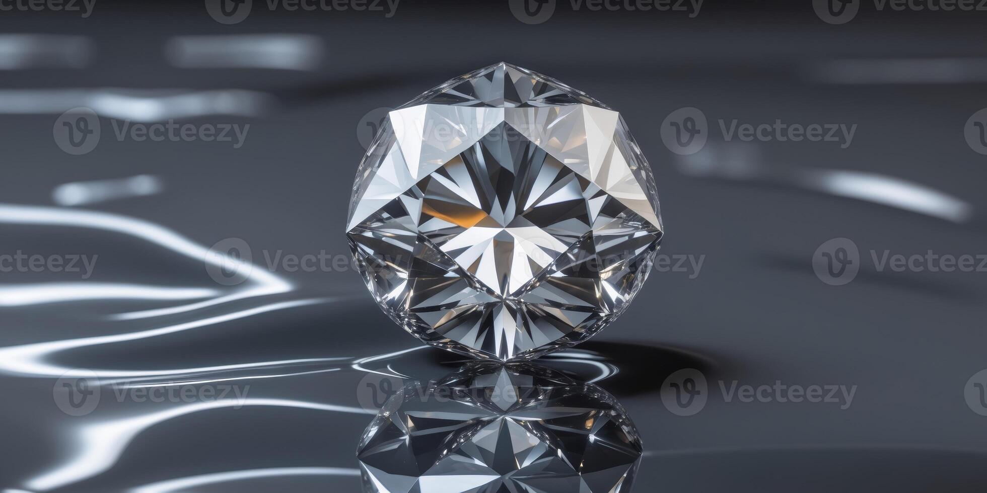 A diamond on a reflective surface with a reflection in the center of the image. photo