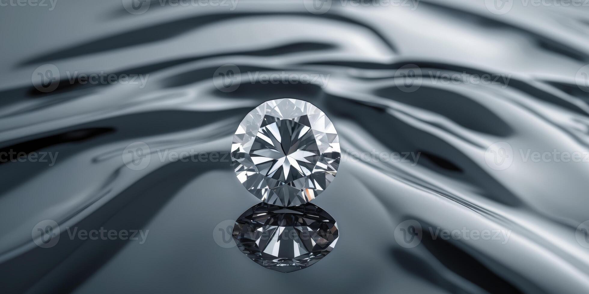A diamond on a reflective surface with a reflection in the center of the image photo