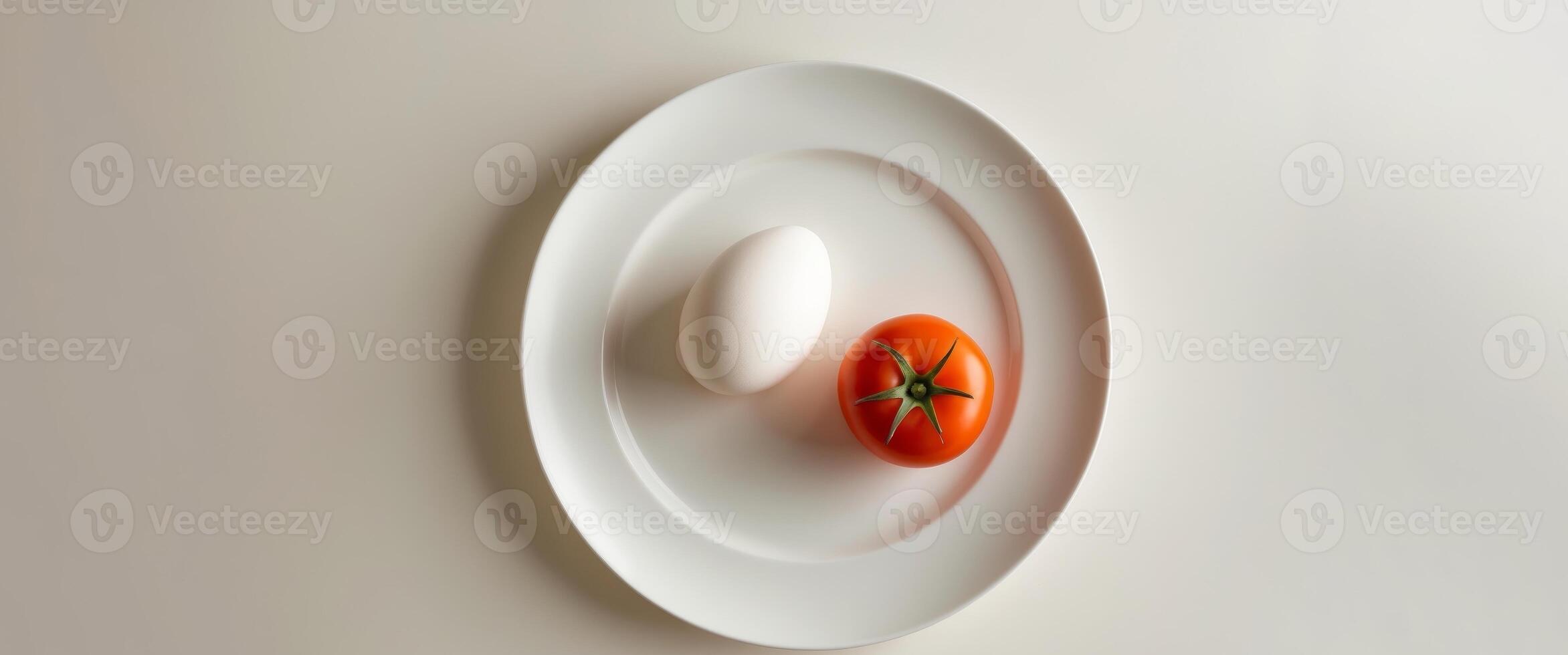 a white plate topped with an egg and a tomato. photo