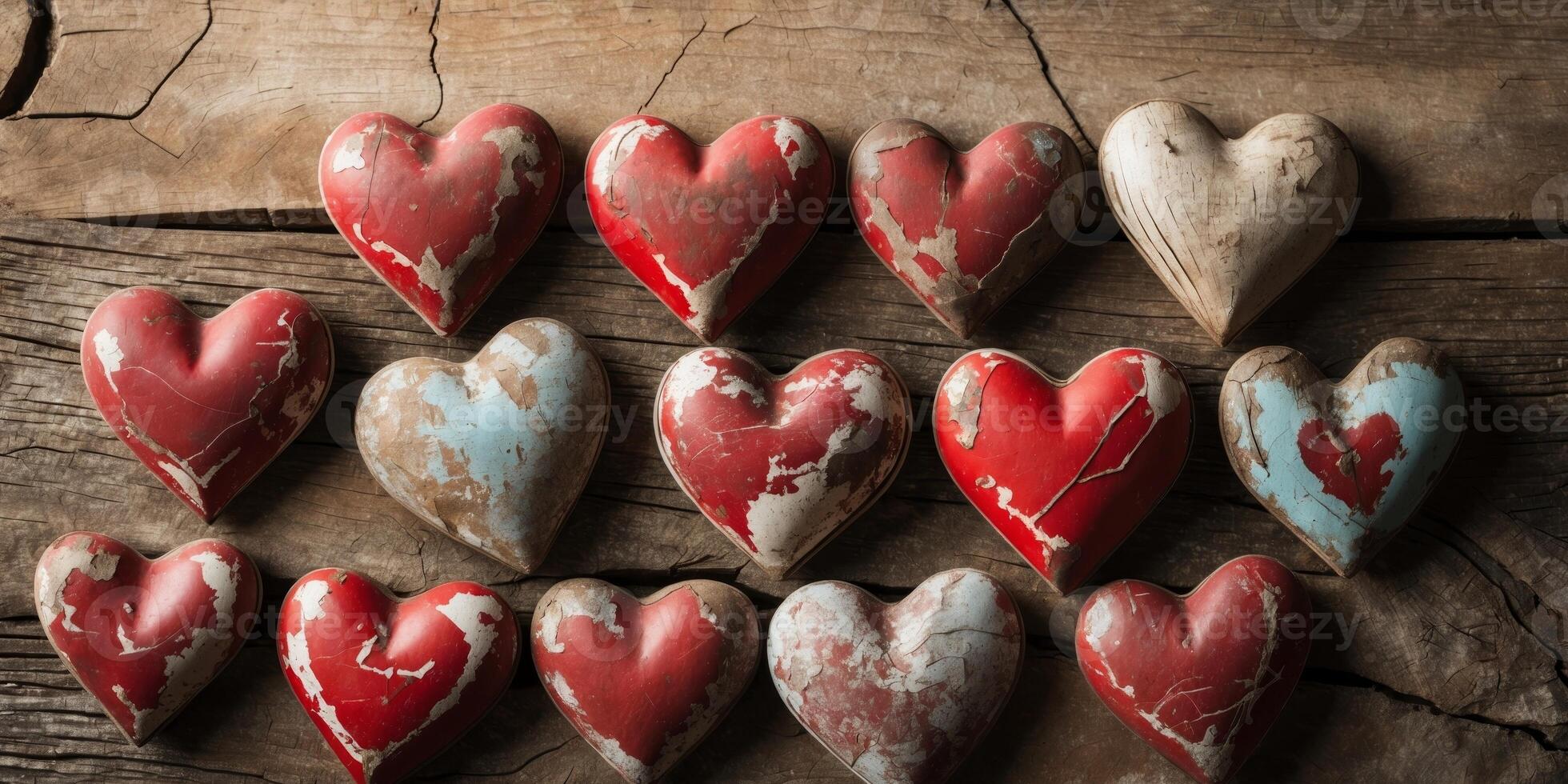 old Red hearts arranged on wooden rustic background Valentine's Day. photo