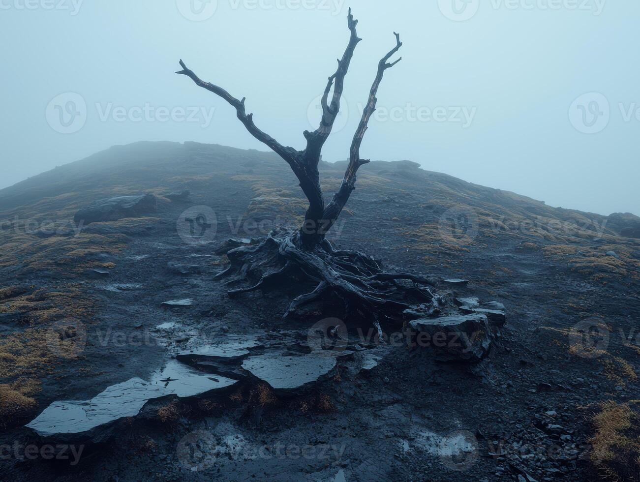 A lone, bare tree stands on a misty, rocky hillside photo