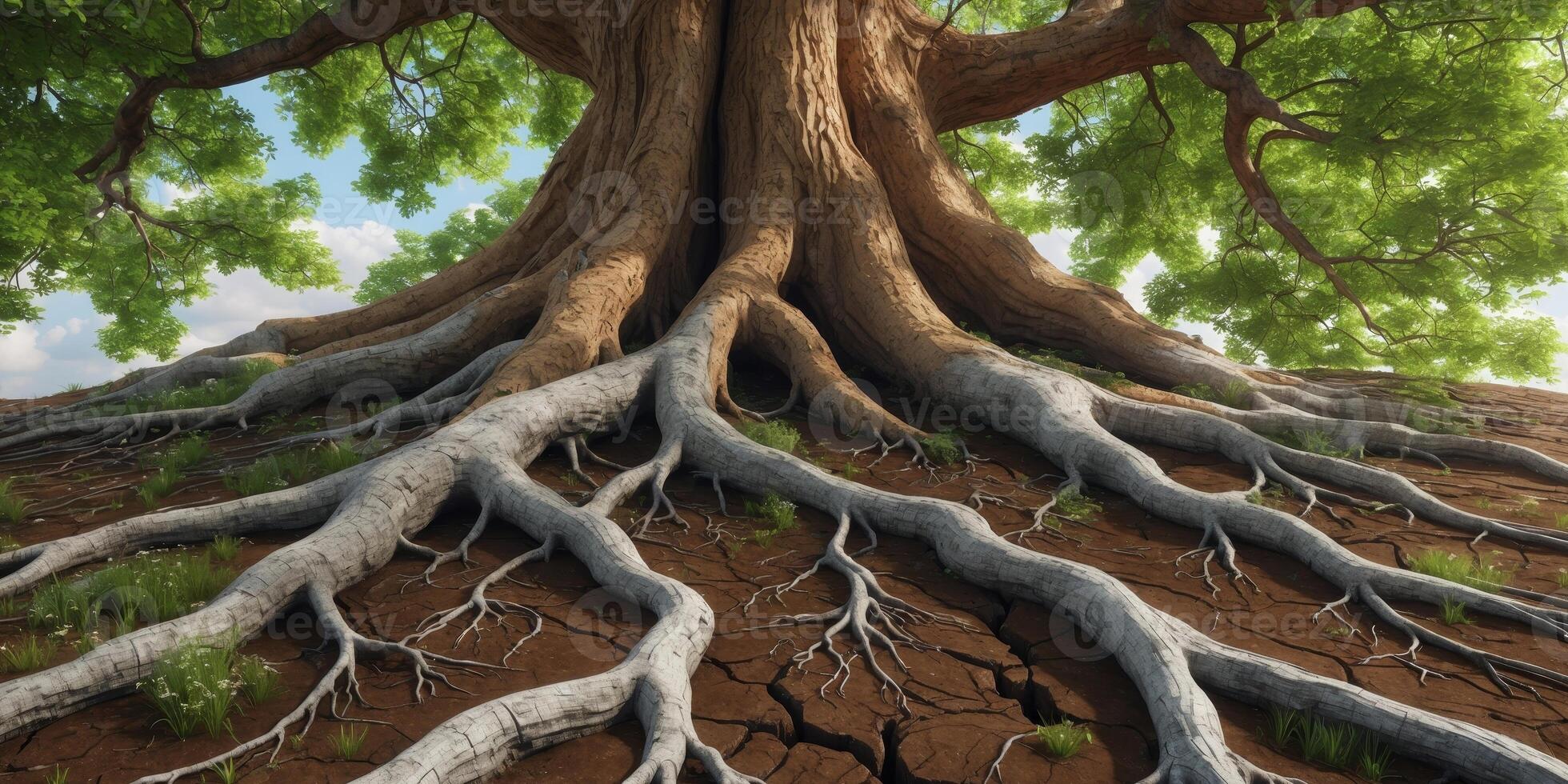 A tree with its roots exposed in the dirt photo