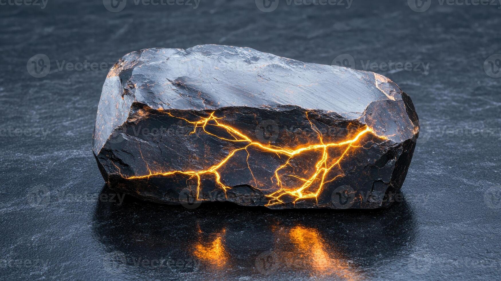 A glowing rock with cracks on a dark surface photo