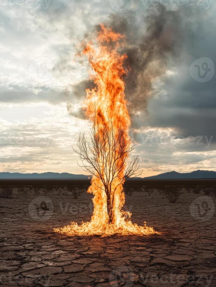 A tree engulfed in flames in a barren landscape photo