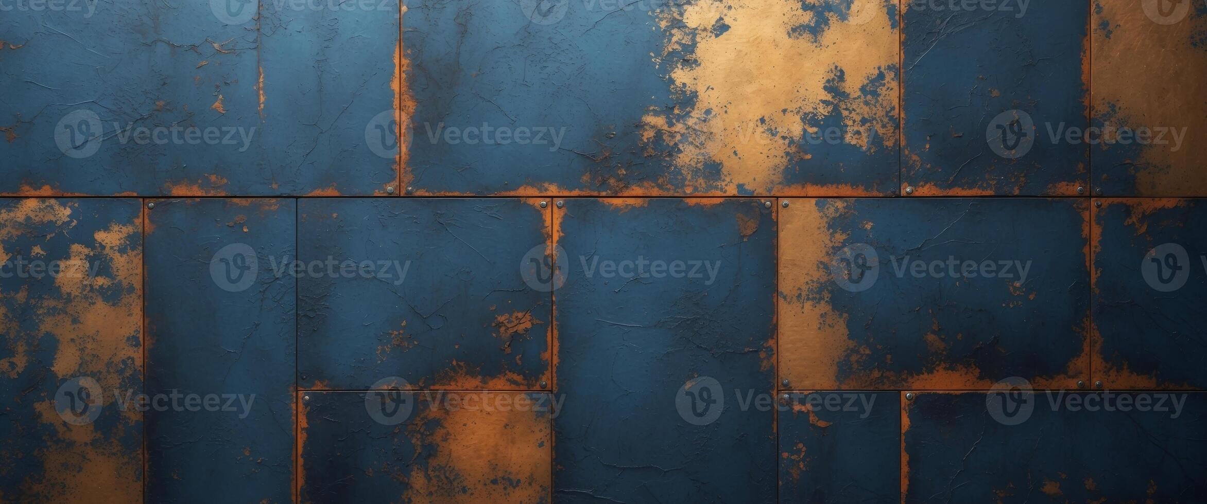 Textured Metal Panel Design with Deep Blues and Warm Golds in Grunge Effect photo