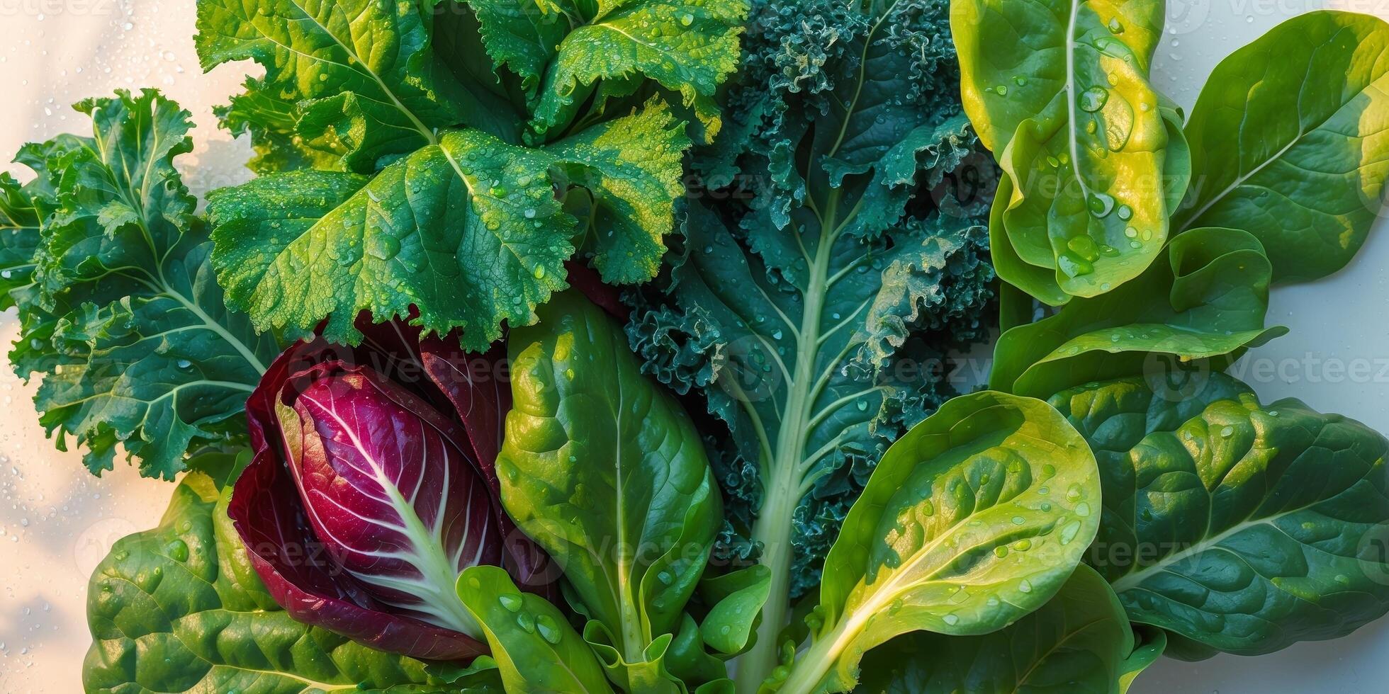 Vibrant macro image of fresh assorted leafy greens with water droplets. photo