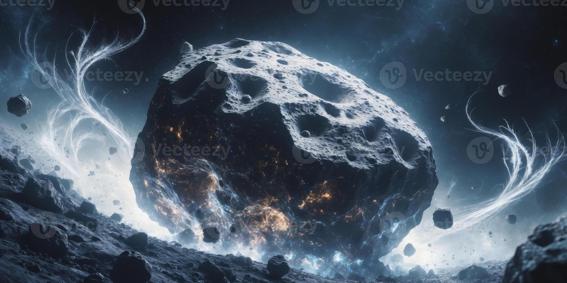 Close up of a massive asteroid with rough textures surrounded by smaller asteroids and debris. photo
