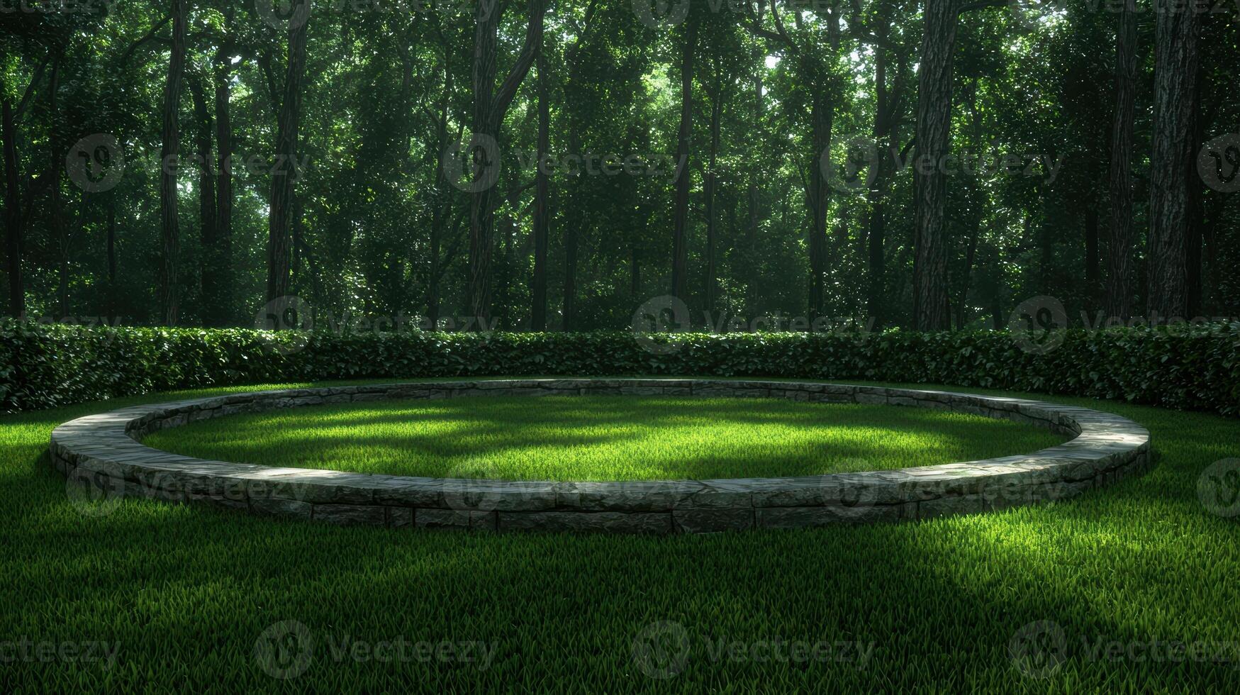 A serene circular garden in a lush green forest photo