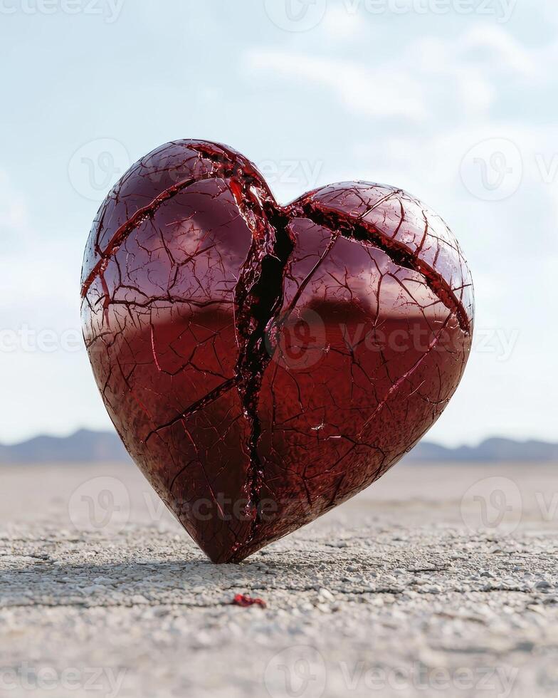 A cracked, red, heart on a concrete surface photo