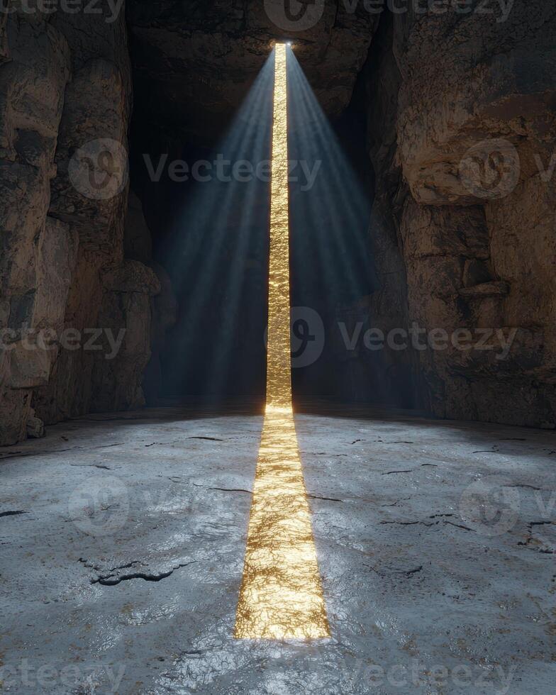 Sunlight streams into a cave, illuminating the stone floor photo