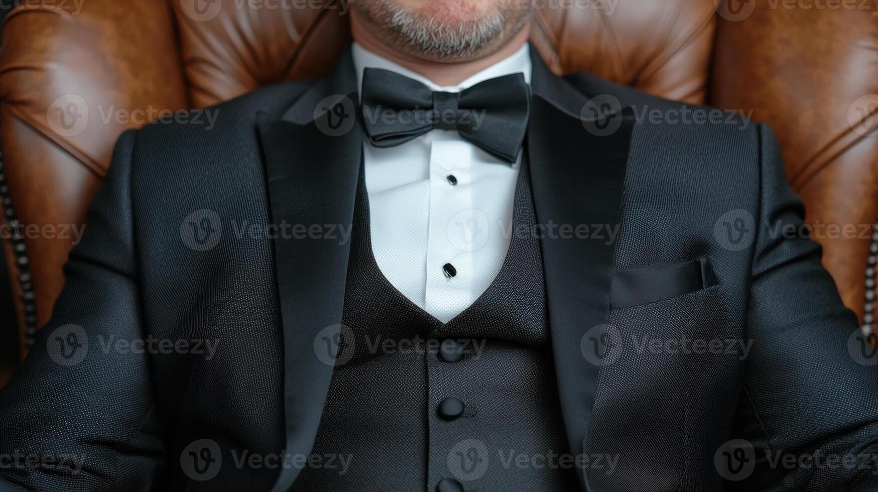 A man in a tuxedo with a bow tie sitting in a leather chair photo
