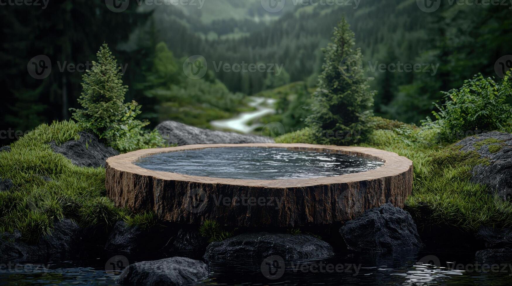 A natural pool in a tree trunk in a lush mountain landscape photo