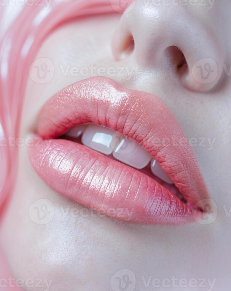 A close up of a woman's lips with pink hair photo