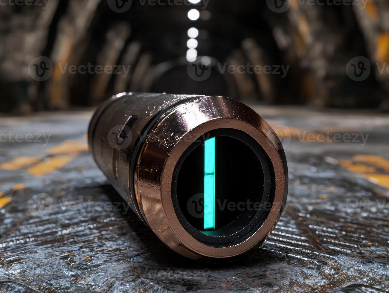 A futuristic device with a glowing blue light in a metallic tunnel photo
