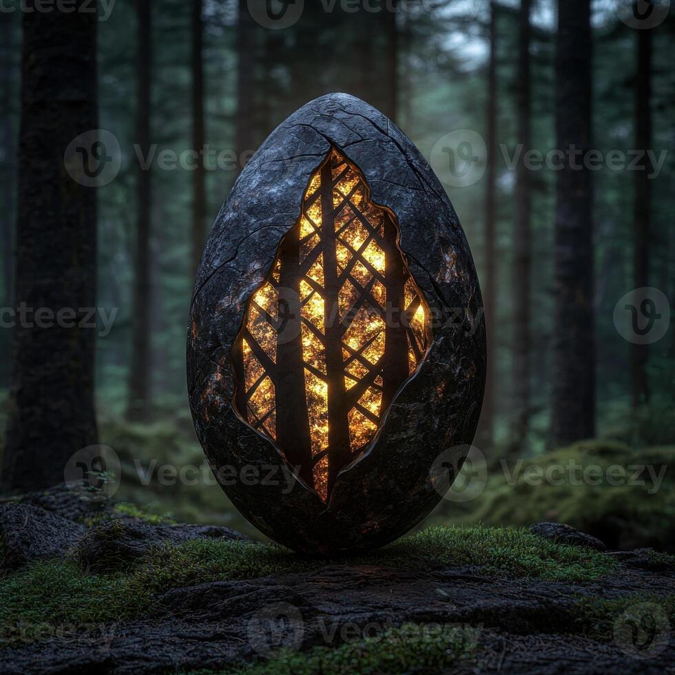 A mysterious glowing egg rests in a dark forest photo