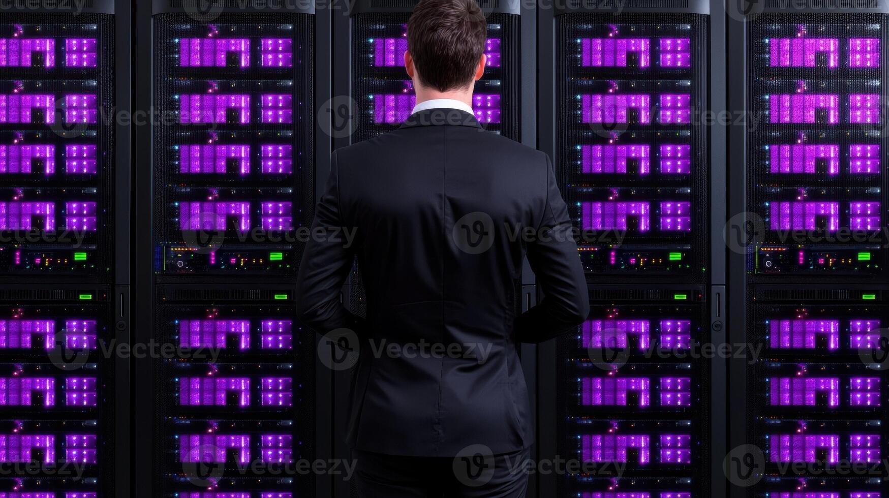 A man in a suit stands in front of a server room photo
