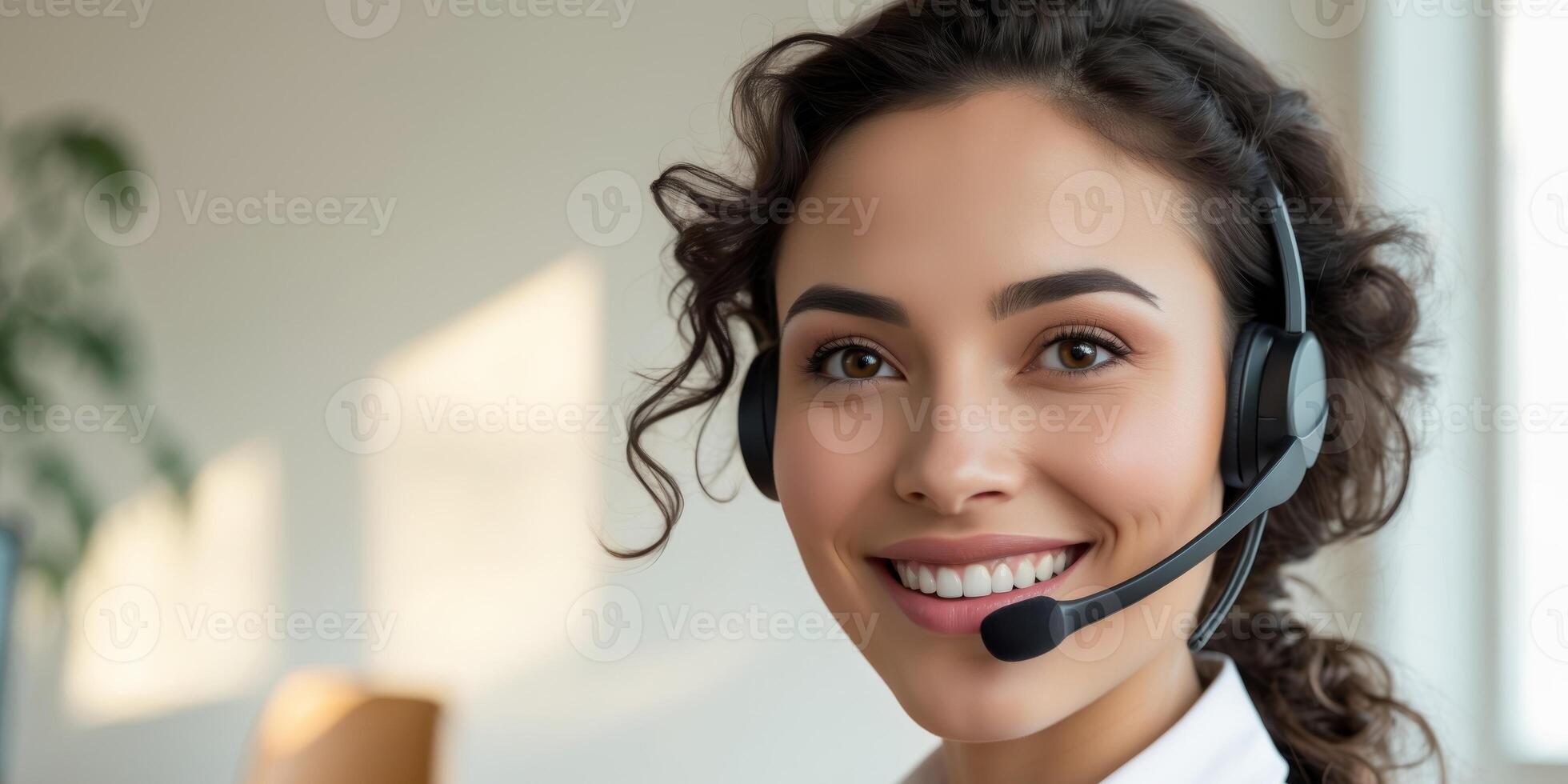 Smiling Customer Service Representative with Headset in Bright Office Setting with Neutral Background and Ample Copy Space for Text photo