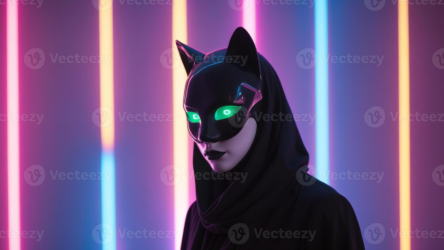 Mysterious Figure Wearing Black Cat Mask in Neon Light Setup photo