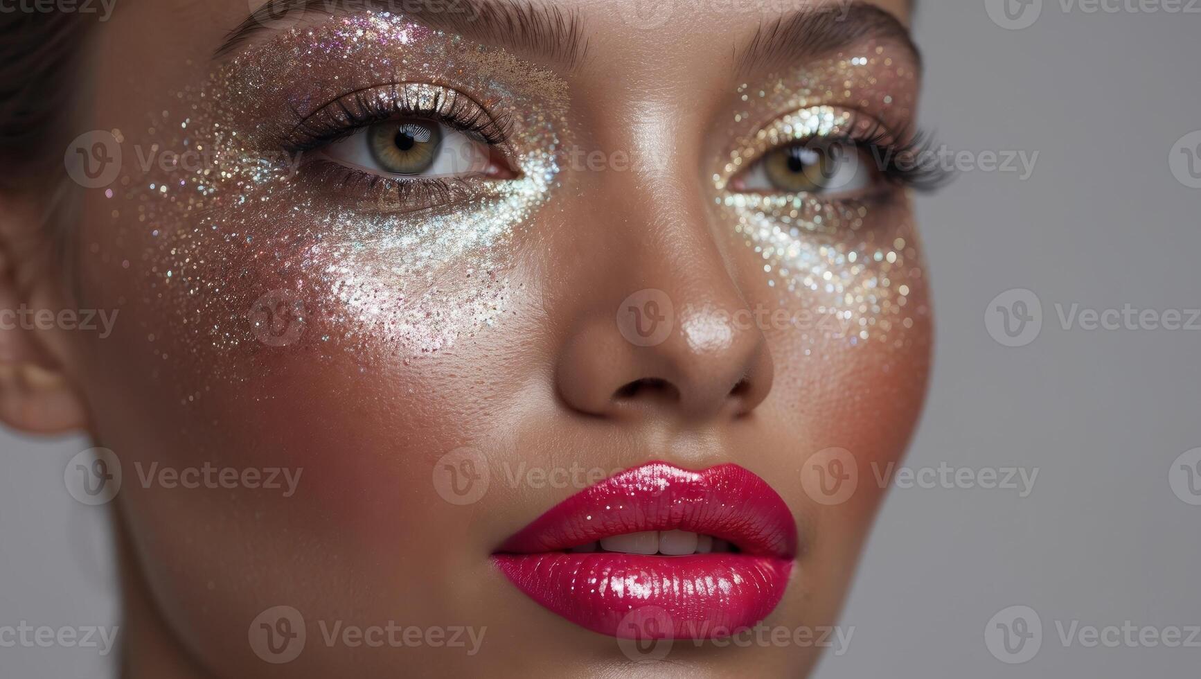 Beautiful woman with glitter makeup and pink lips photo