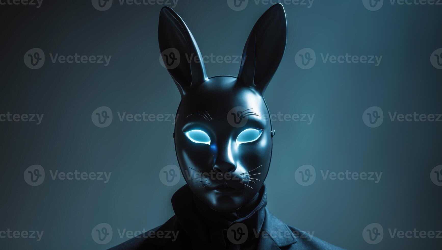 Mysterious figure wearing a black rabbit mask with glowing eyes. photo