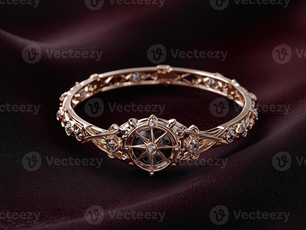 Elegant gold bracelet with diamonds on a brown surface photo