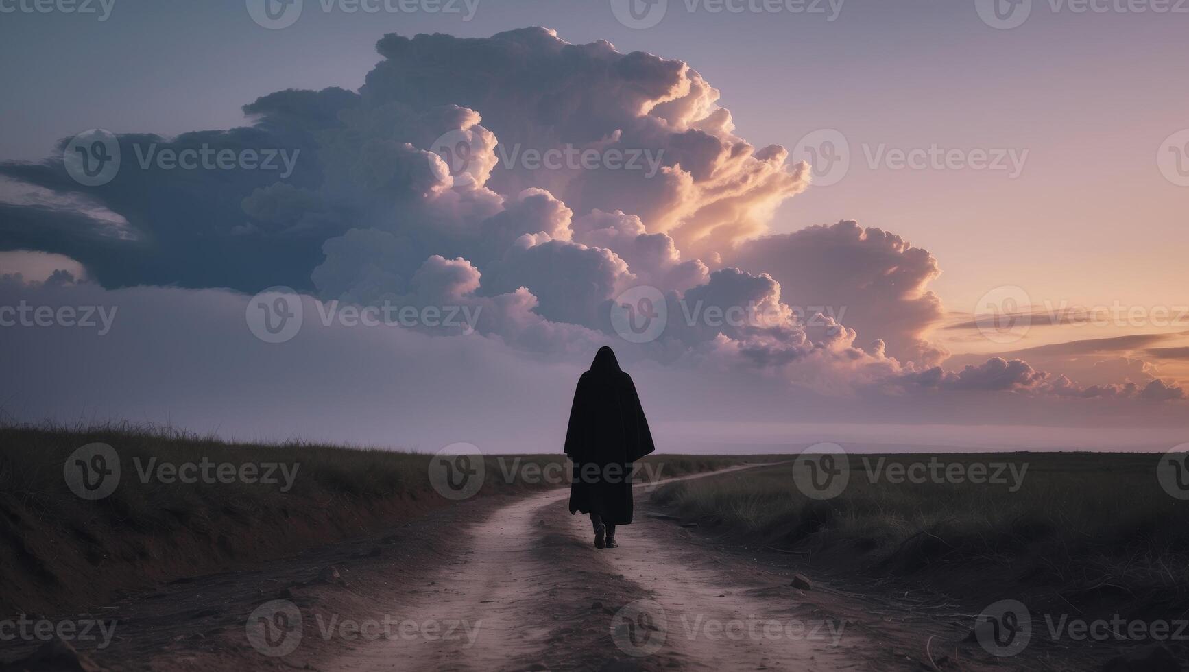 A person walking down a dirt road in front of a cloud photo