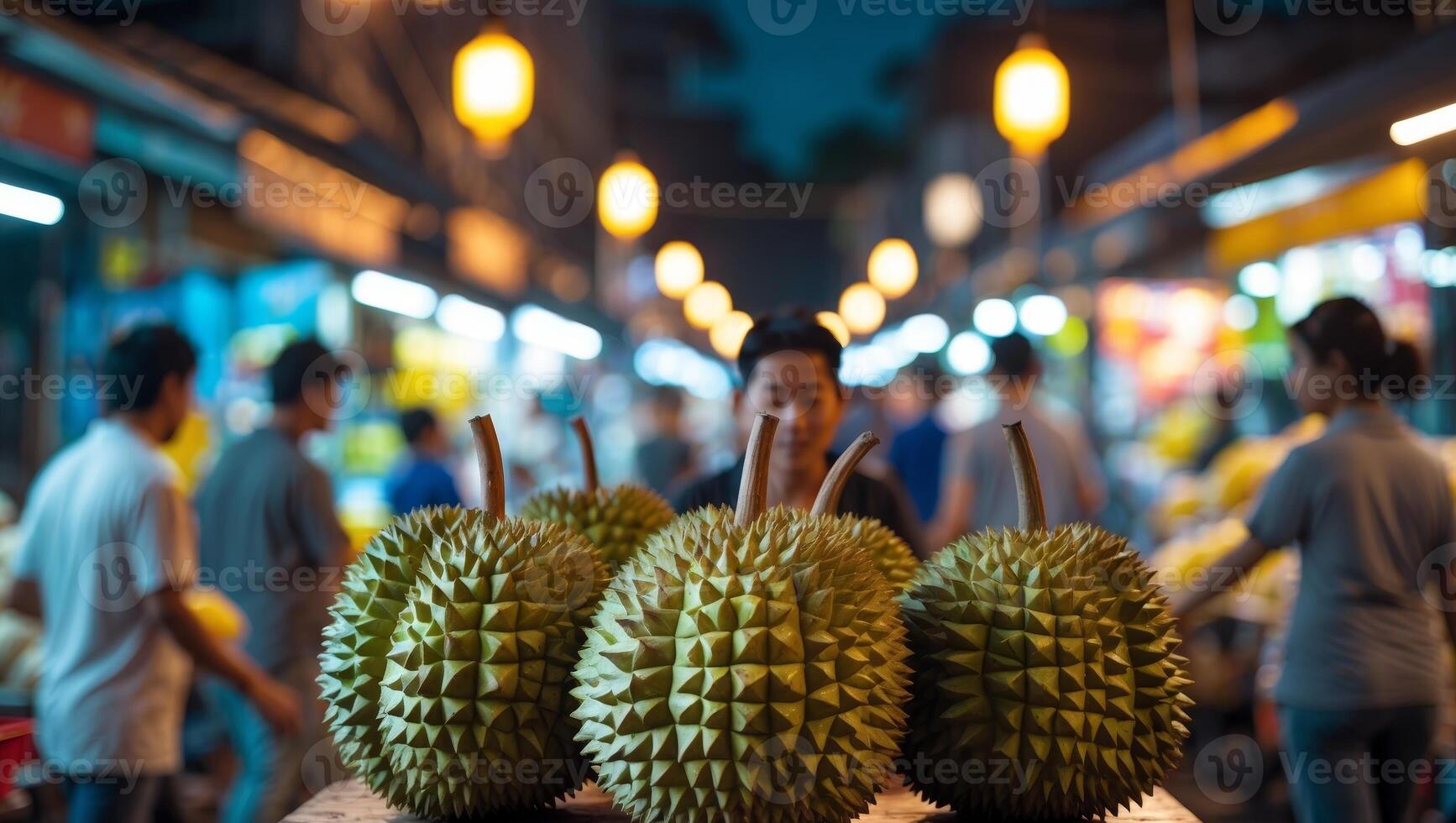 Fresh Durian Stand in Busy Street Market at Night with Bright Lights and Vendors. photo