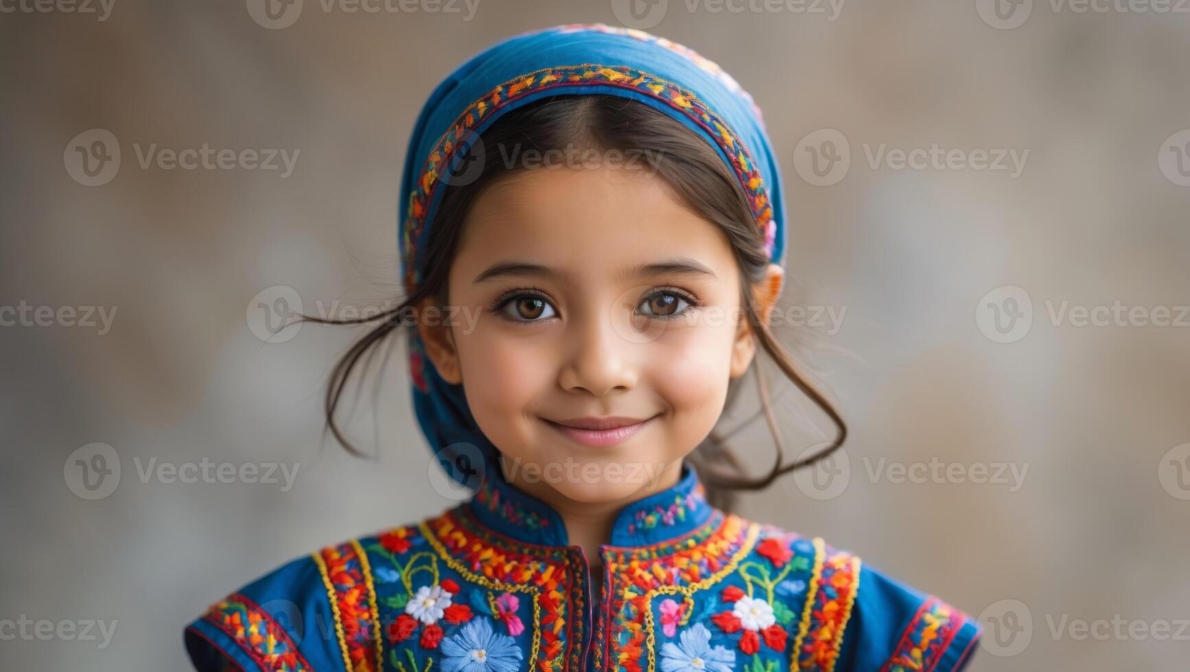 Young Girl in Traditional Dress with Colorful Embroidery and Headscarf. photo