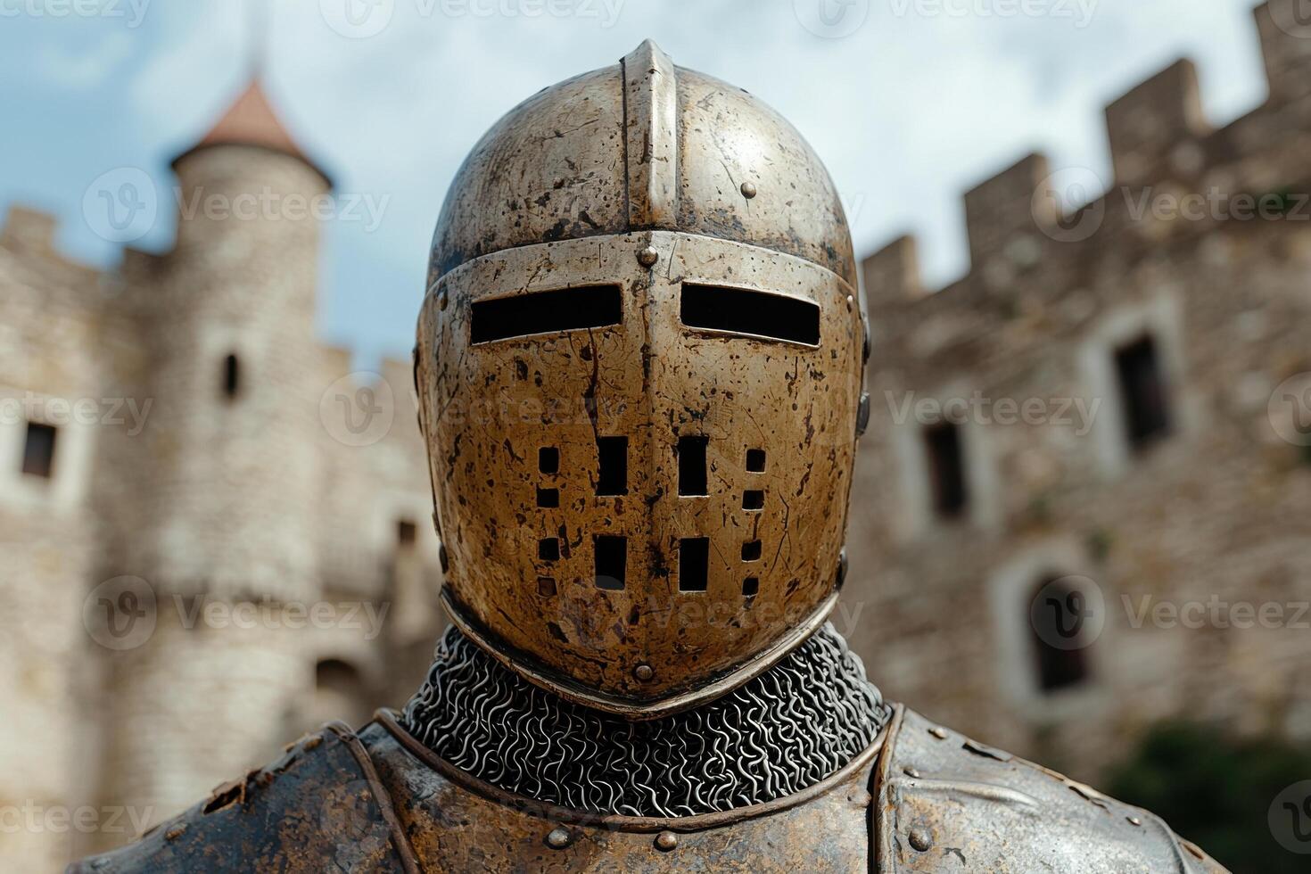 Close up of a medieval knights helmet and armor in front of a castle photo