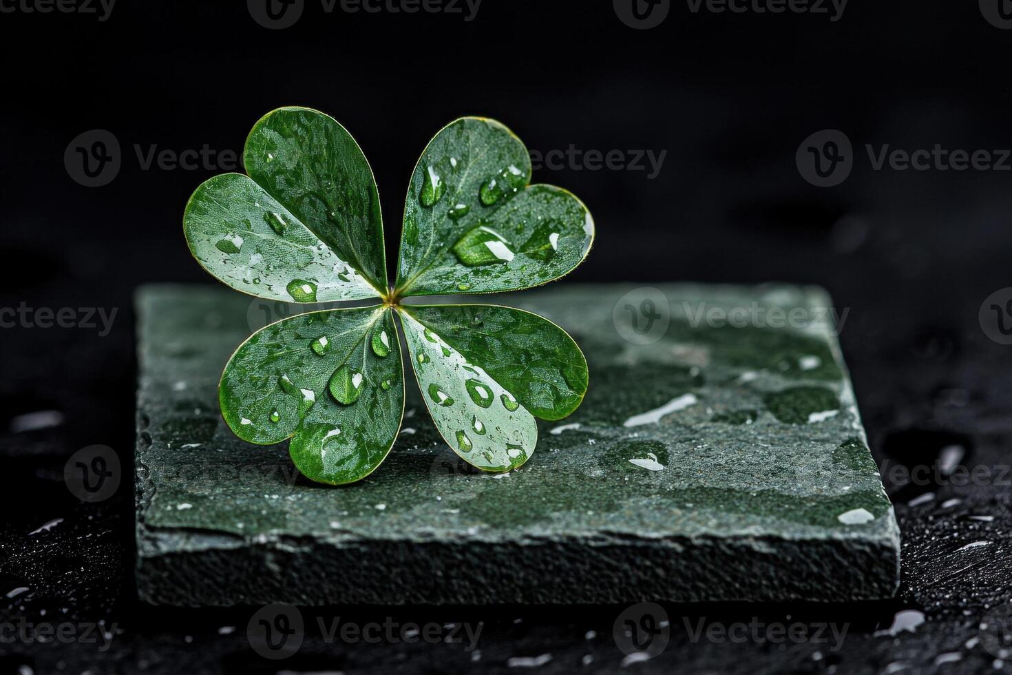 Four leaf clover with water droplets on a stone surface photo