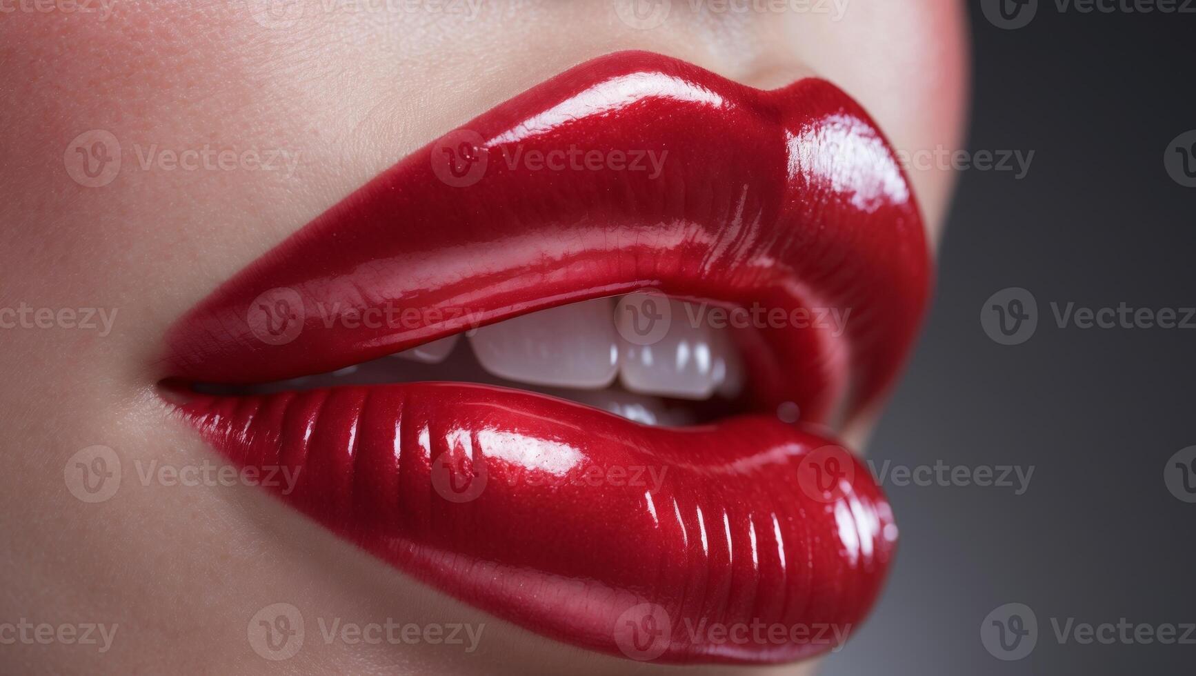 Closeup view of Stunningly Beautiful Red Lips featuring a High Glossy Finish that Captivates. photo