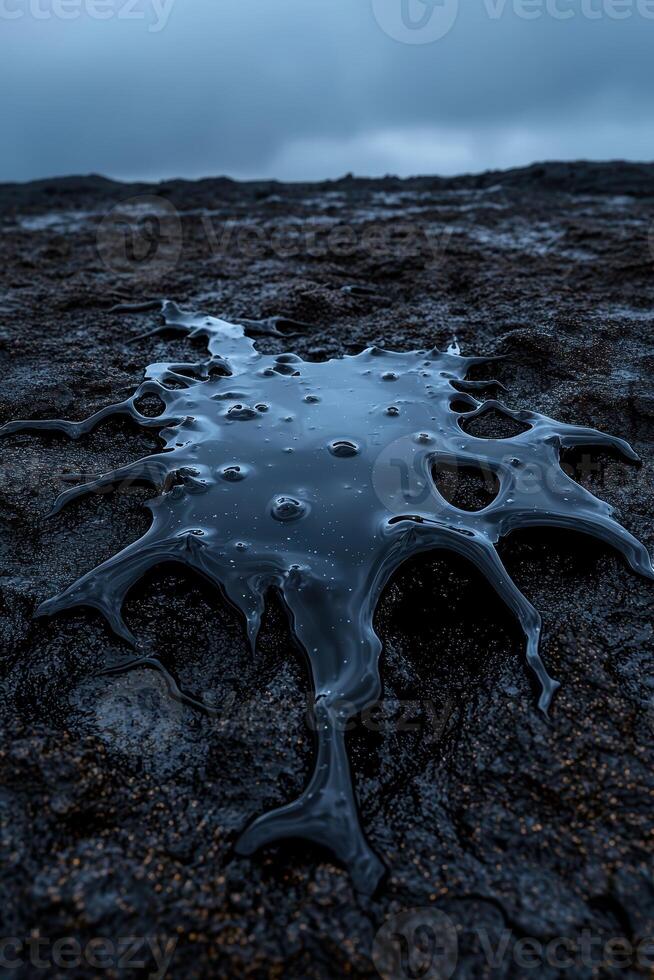 A dark, viscous liquid spreads across a textured surface, creating an abstract and ominous scene photo