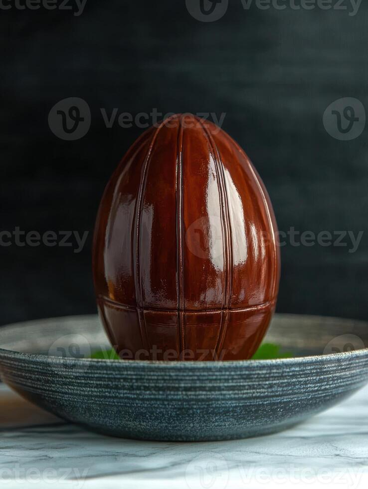 A shiny chocolate egg sits on a textured plate photo