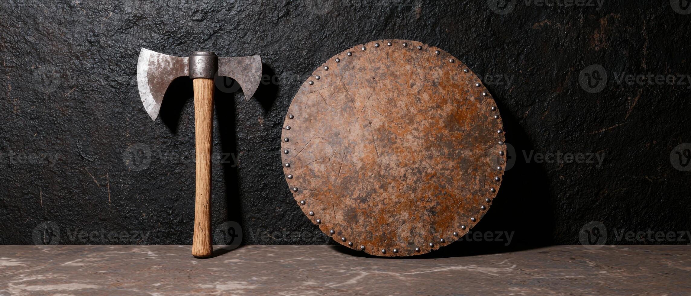 Axe and shield against a dark stone wall photo