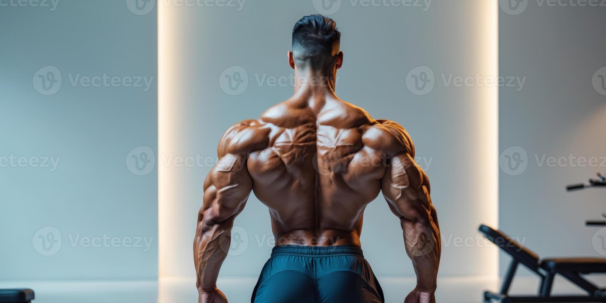 Bodybuilder shows off his muscular back in a gym photo