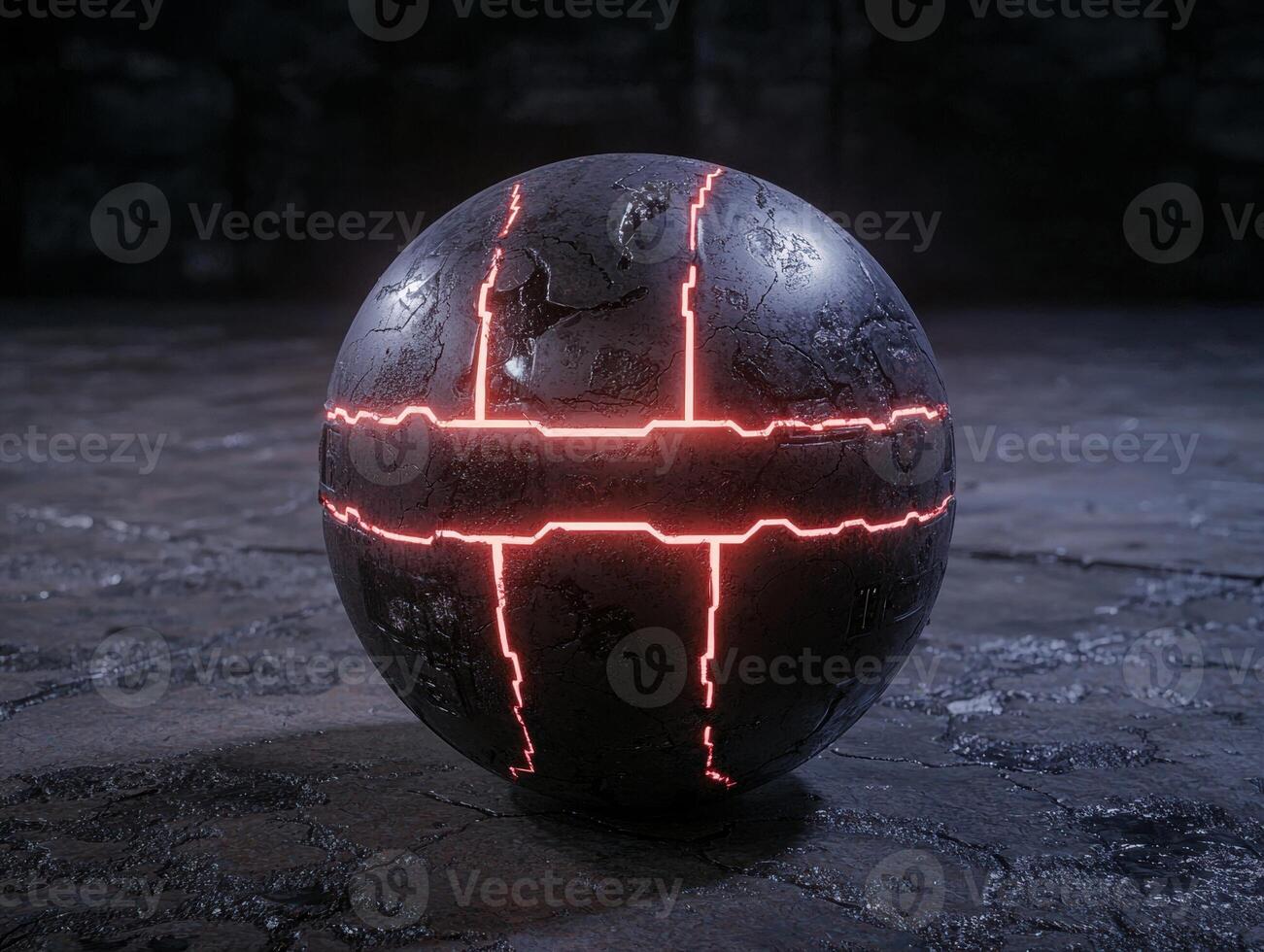 Glowing sphere with futuristic design on a stone surface photo