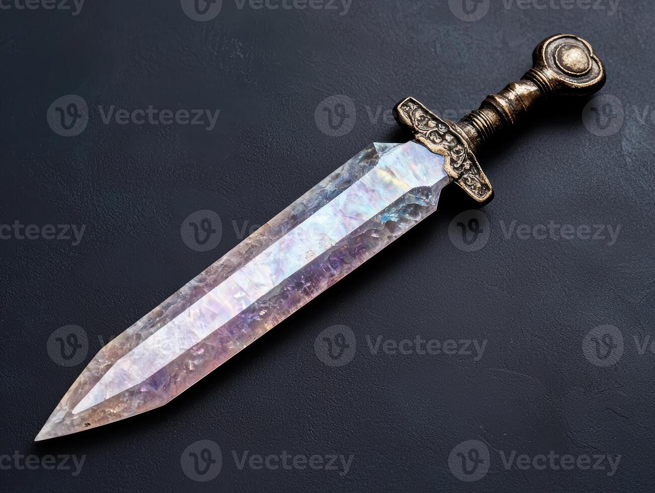 A crystal sword with an ornate handle on a dark surface photo