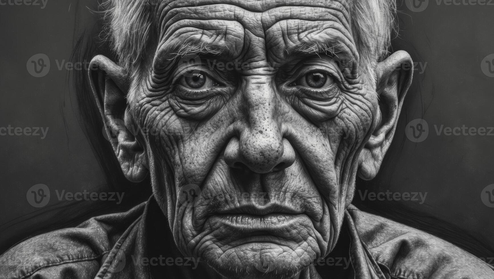 A close up charcoal drawing highlighting the weathered face of a. photo
